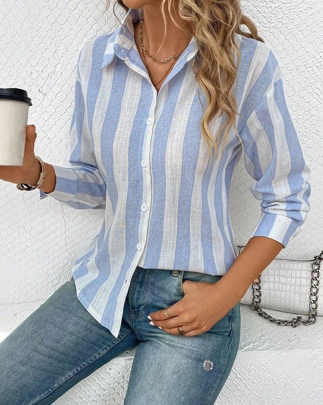 Casual Cotton And Linen Striped Shirt Collar Shirt