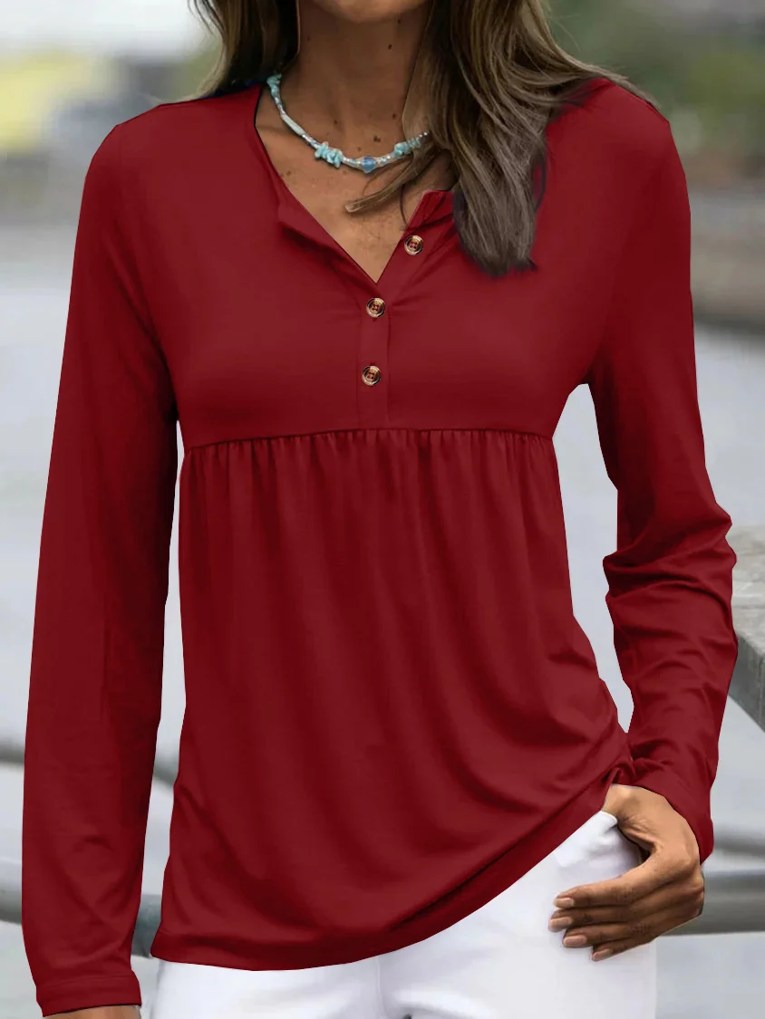 Women's Plain Buckle V Neck Daily Going Out Casual Top