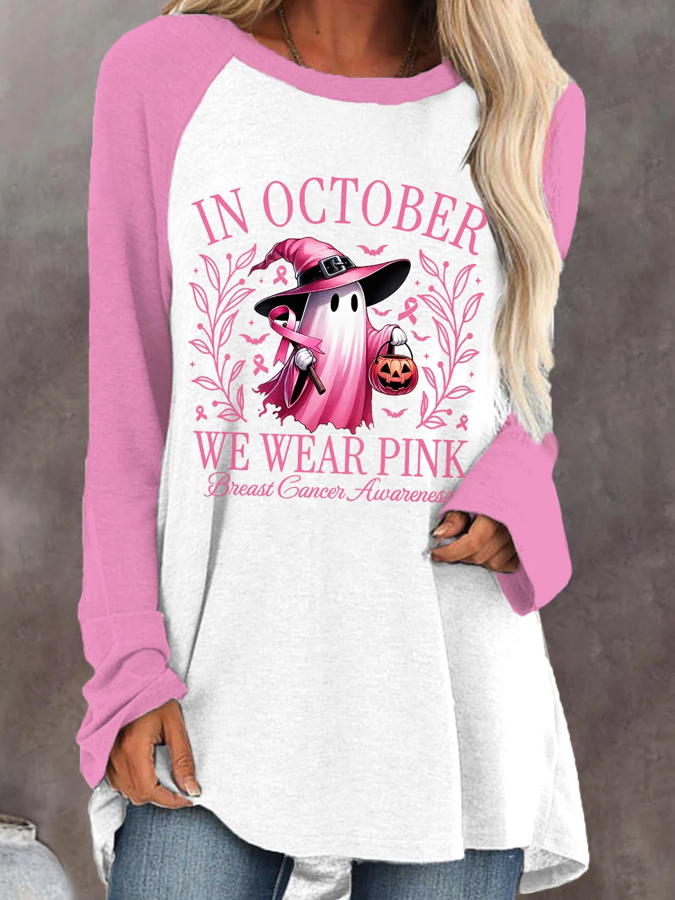 Women's In October We Wear Pink Halloween Ghost Breast Cancer Awareness Warrior Long-Sleeve Shirt