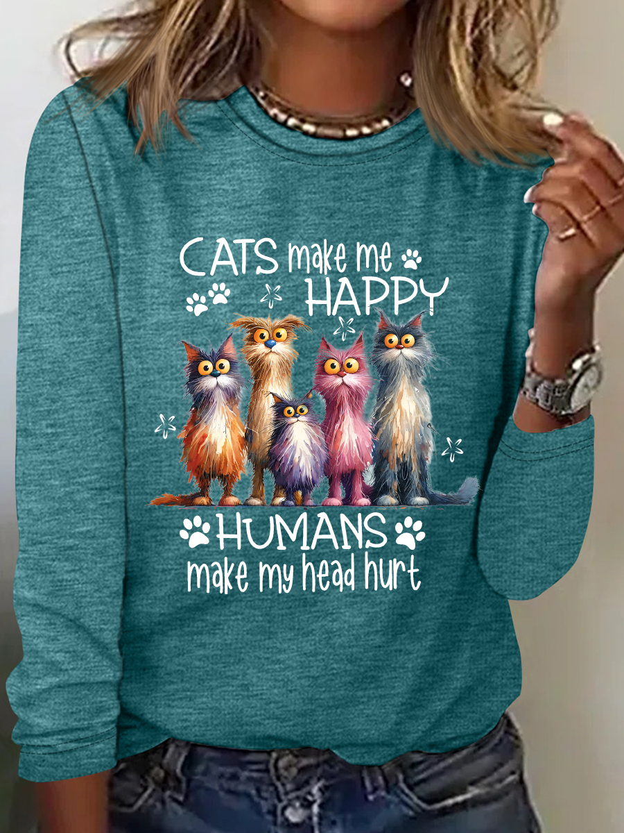 Cats Make Me Happy Humans Make My Head Hurt Casual Long Sleeve Shirt