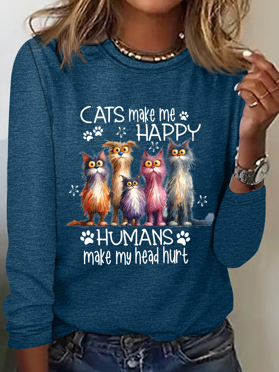 Cats Make Me Happy Humans Make My Head Hurt Casual Long Sleeve Shirt