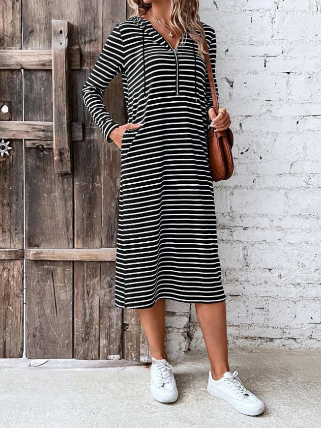 Women's Striped Zipper Hoodie Dress