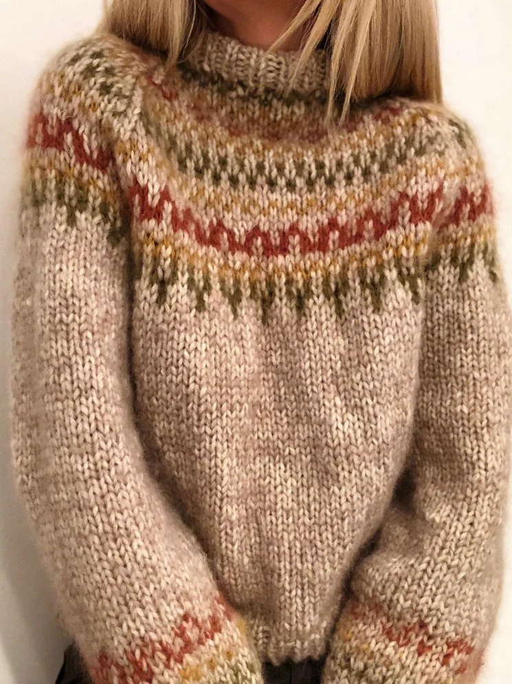 Loose Mock Neck Fair Isle Casual Sweater