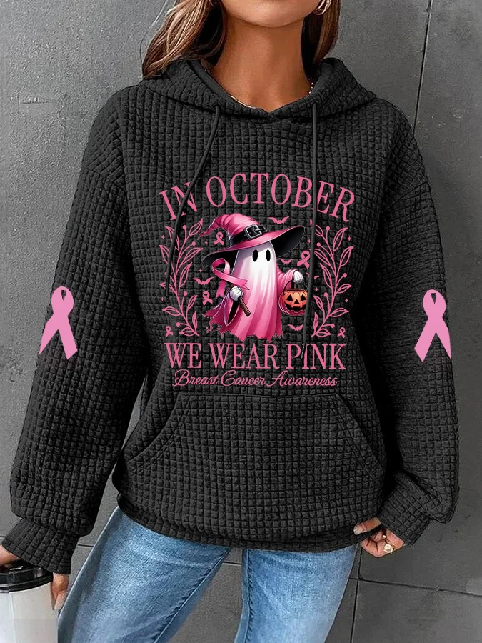 Women's In October We Wear Pink Halloween Ghost Breast Cancer Awareness Warrior Waffle Hoodie