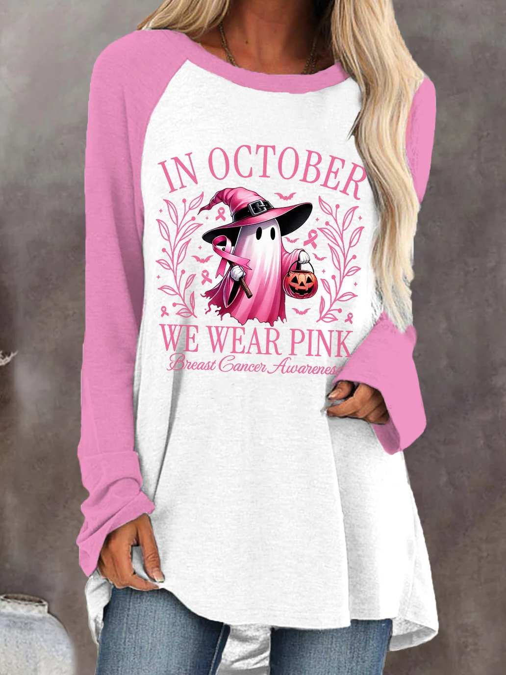 Women's In October We Wear Pink Halloween Ghost Breast Cancer Awareness Warrior Long-Sleeve Shirt