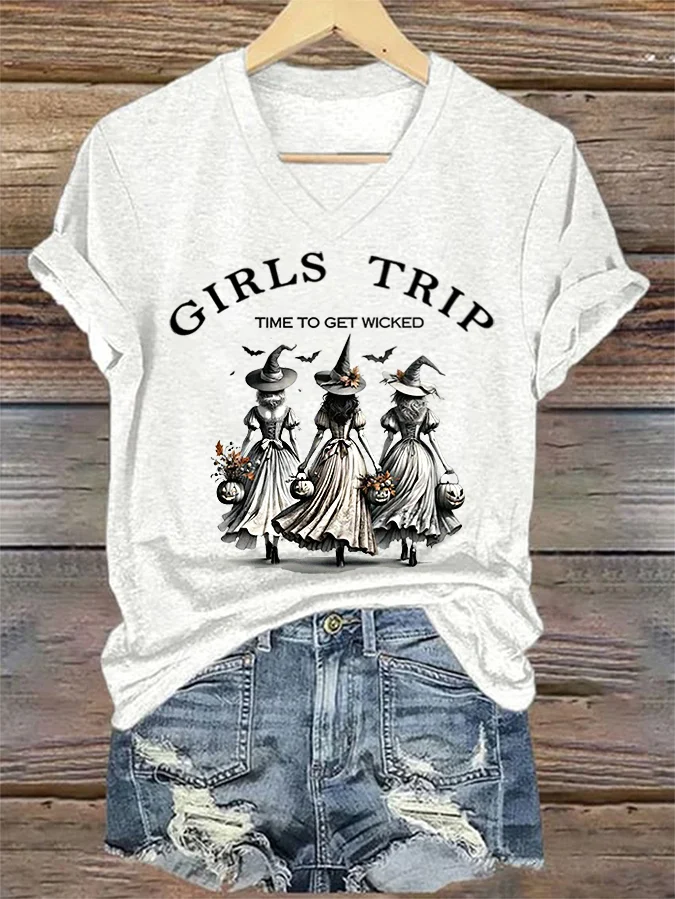 Women's Funny Halloween Witch Girls Trip Time To Get Wicked Casual V-Neck T-Shirt