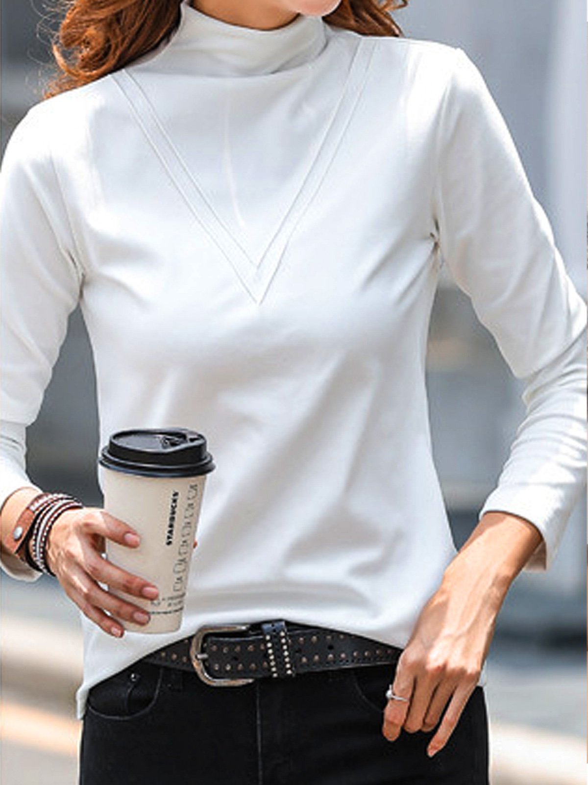 Casual Mock Neck Knitted Plain T-Shirt