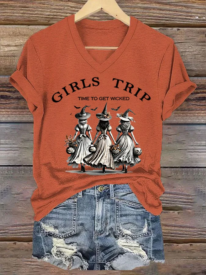 Women's Funny Halloween Witch Girls Trip Time To Get Wicked Casual V-Neck T-Shirt