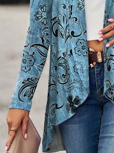 Blue Floral Design Casual Shawl Jacket