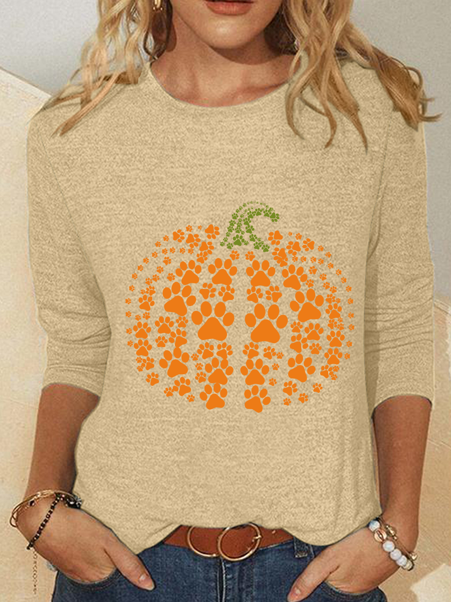 Paw Pumpkin Print Halloween Casual Long Sleeve Shirt