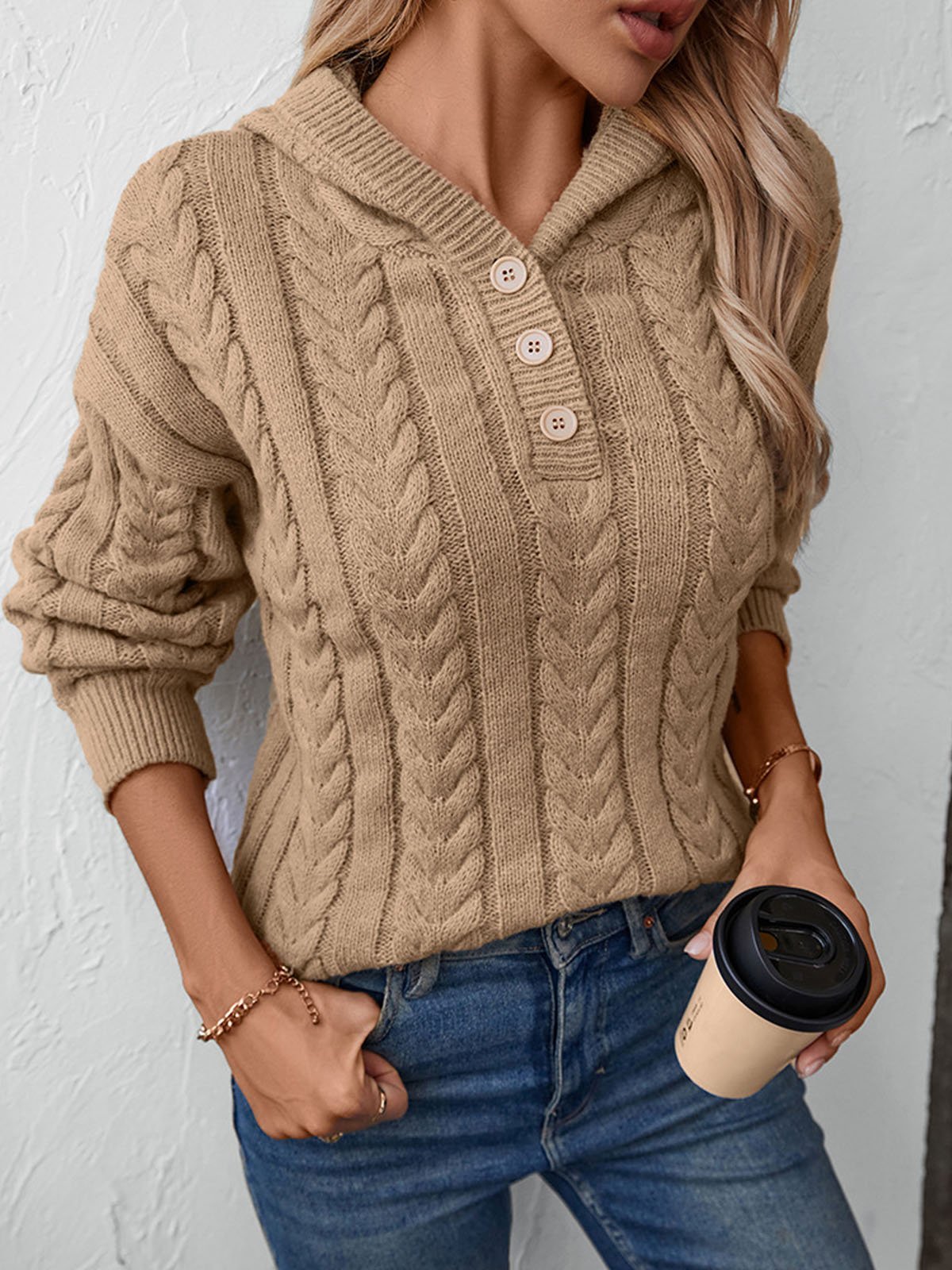 Buckle Casual Plain Hoodie Sweater