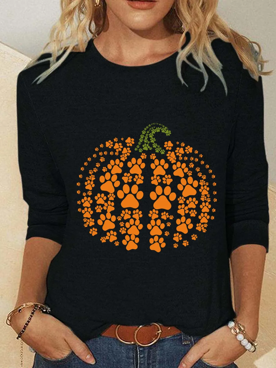 Paw Pumpkin Print Halloween Casual Long Sleeve Shirt