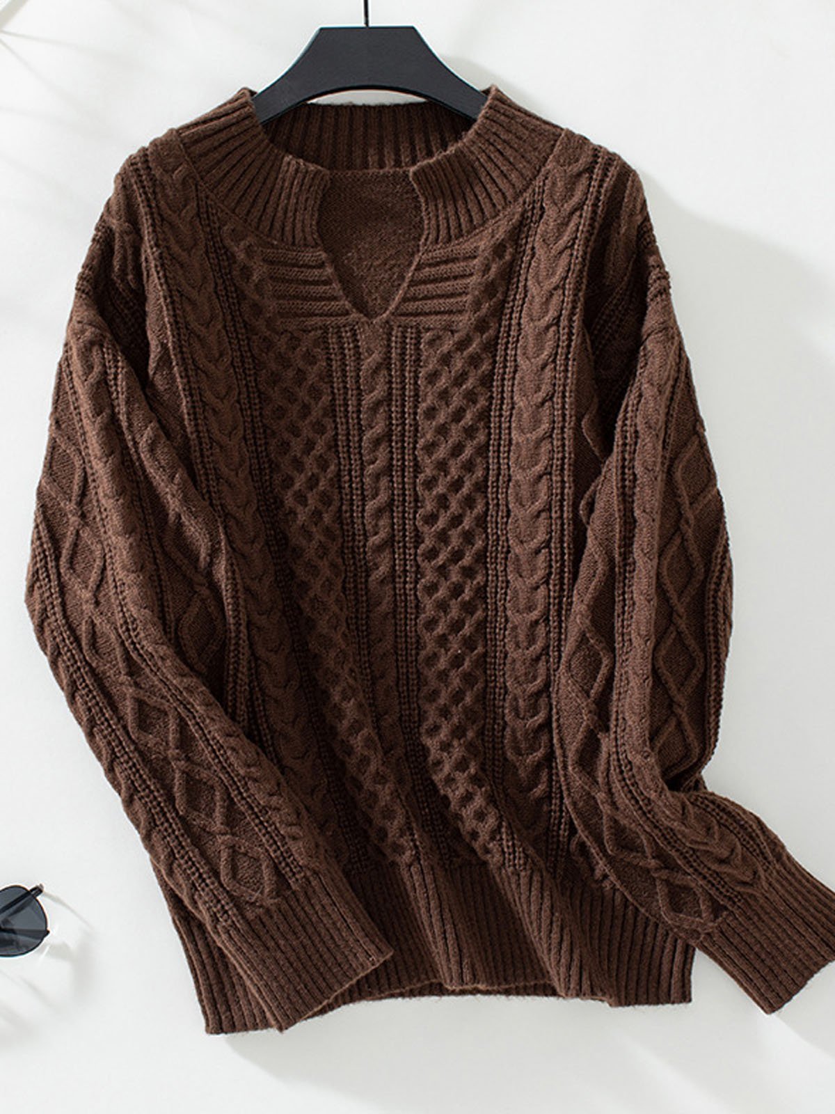 Casual Plain Yarn/Wool Yarn Notched Loose Sweater