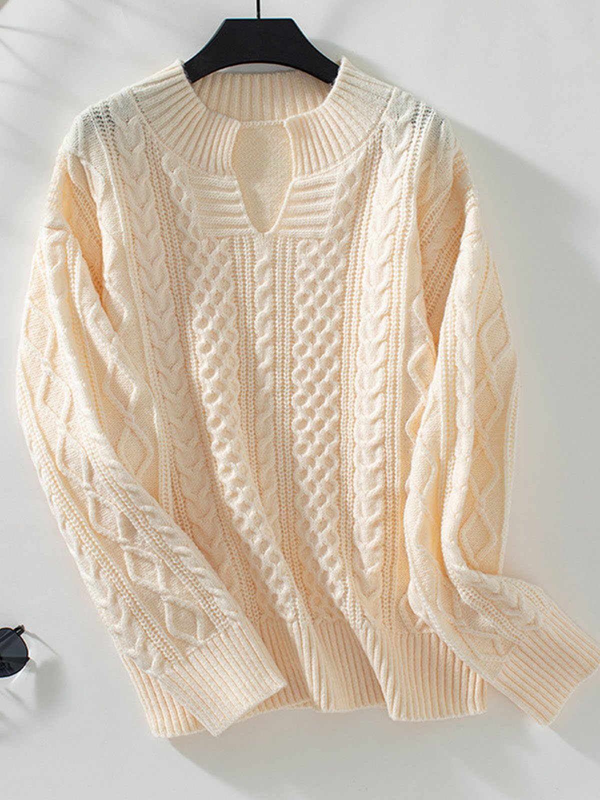 Casual Plain Yarn/Wool Yarn Notched Loose Sweater