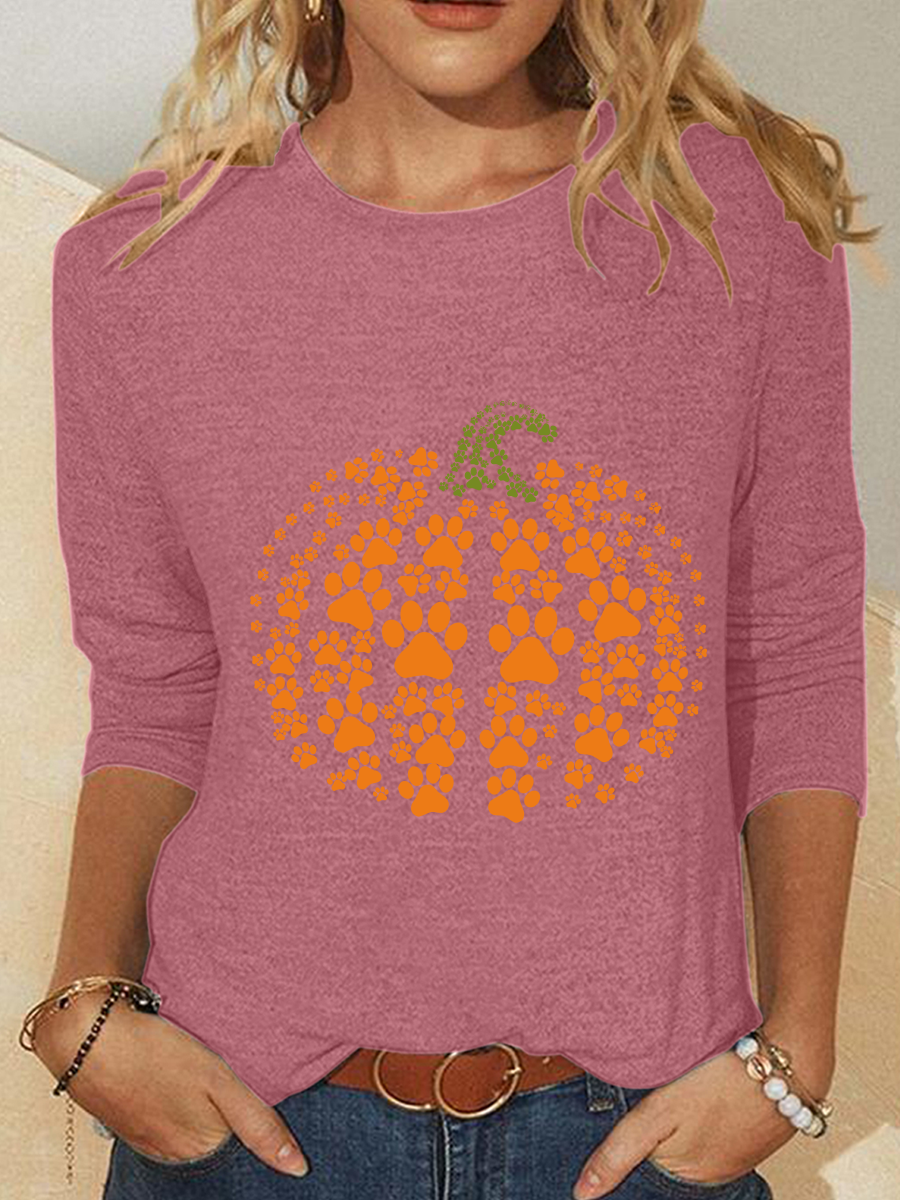 Paw Pumpkin Print Halloween Casual Long Sleeve Shirt