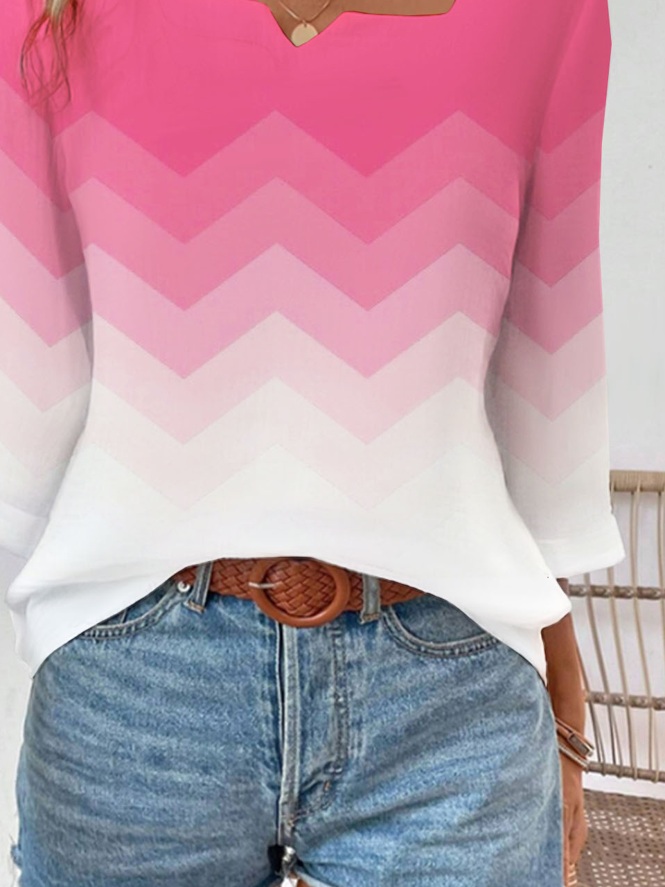 Pink geometric printed casual square neck T-shirt