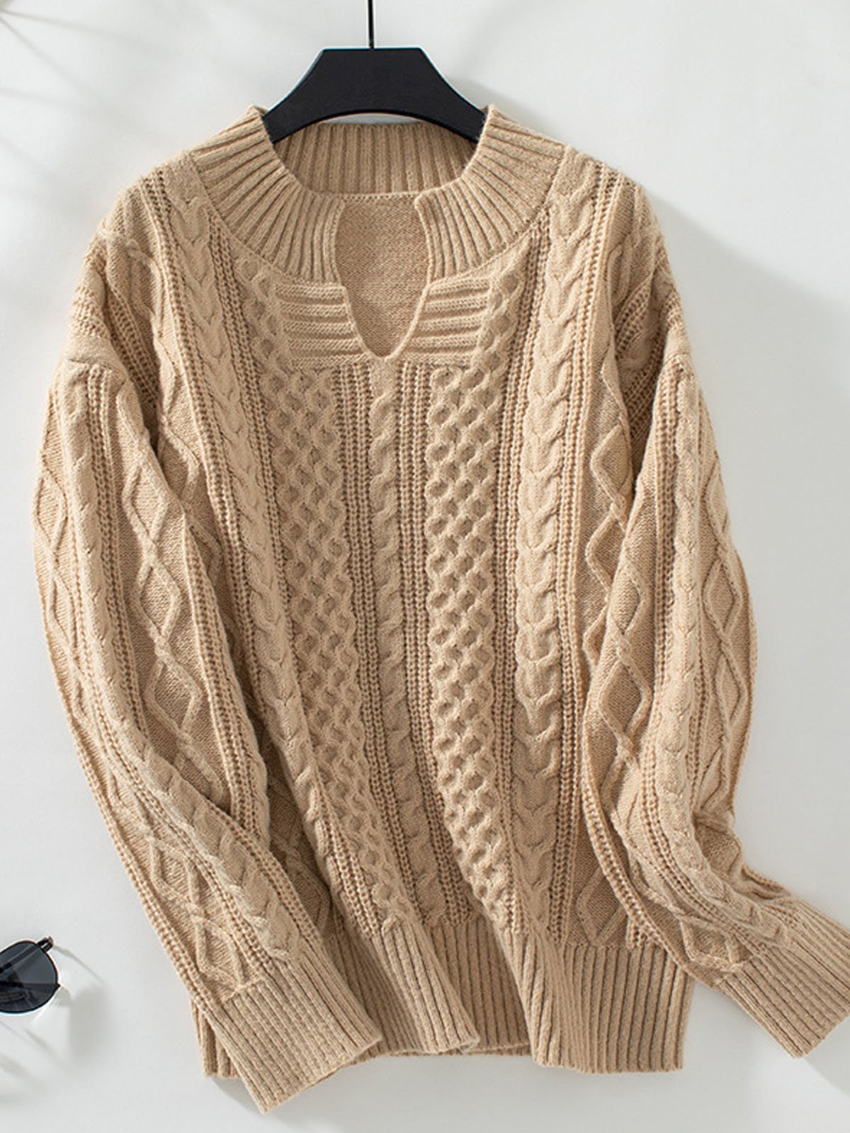 Casual Plain Yarn/Wool Yarn Notched Loose Sweater