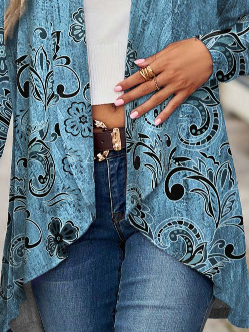 Blue Floral Design Casual Shawl Jacket