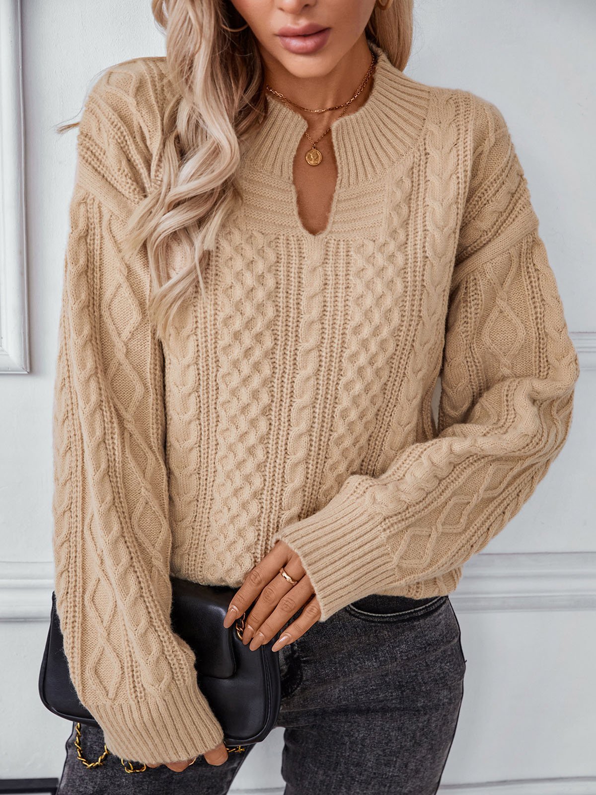 Casual Plain Yarn/Wool Yarn Notched Loose Sweater