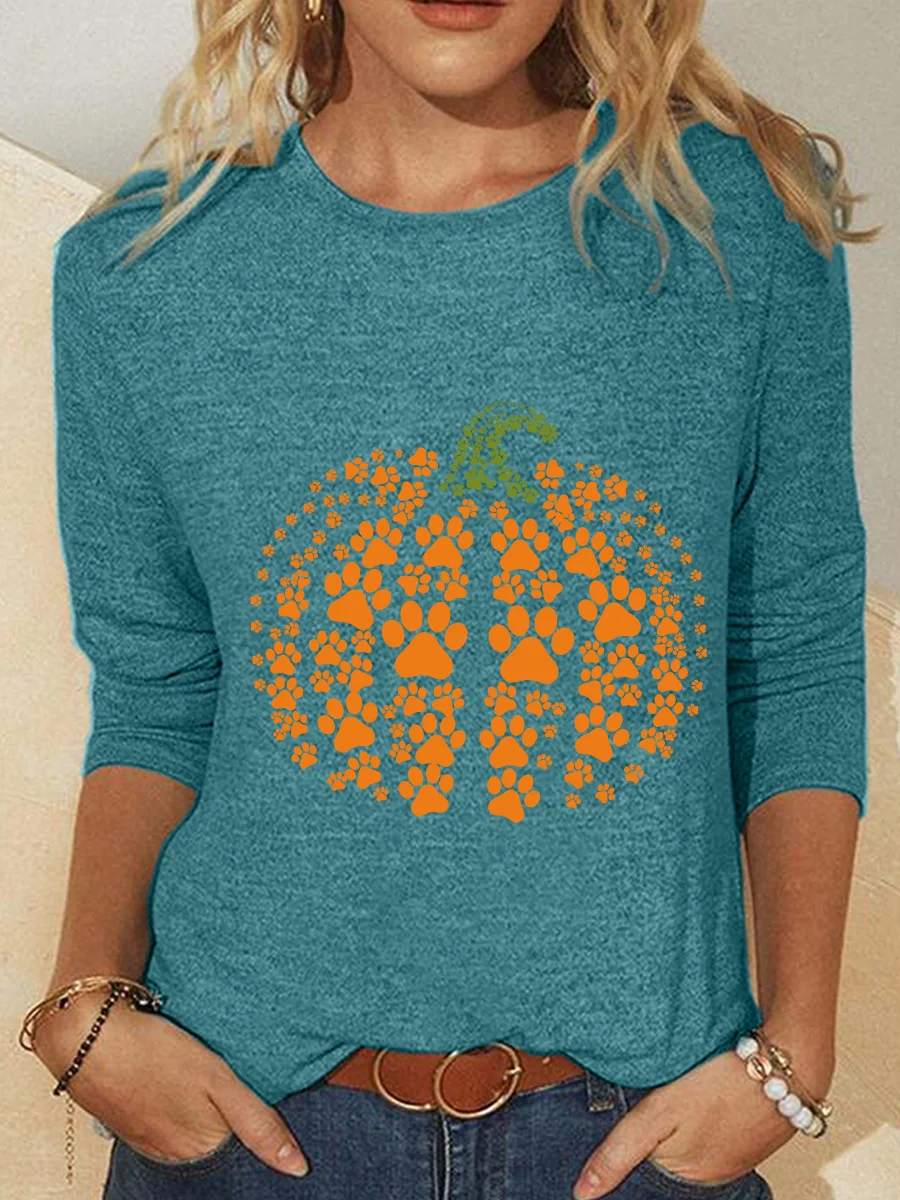 Paw Pumpkin Print Halloween Casual Long Sleeve Shirt