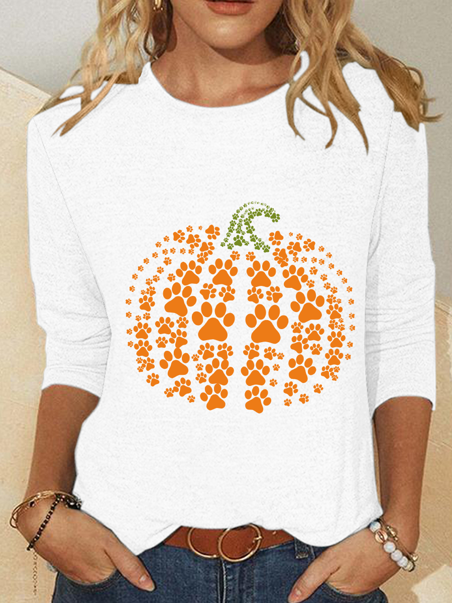 Paw Pumpkin Print Halloween Casual Long Sleeve Shirt