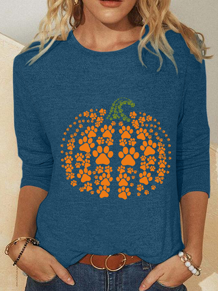 Paw Pumpkin Print Halloween Casual Long Sleeve Shirt