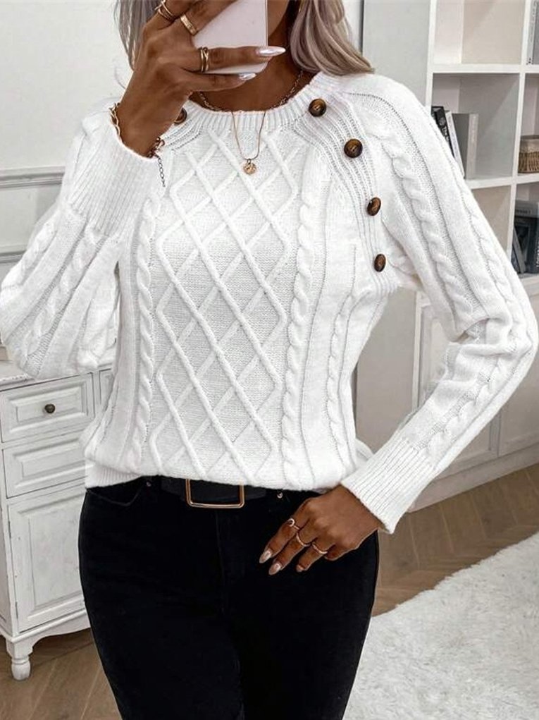 Buckle Crew Neck Casual Yarn/Wool Yarn Sweater