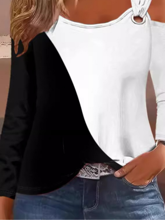 Women's Long Sleeve Blouse Spring/Fall Black-white Color Block Metal U-Neck Daily Going Out Casual Top