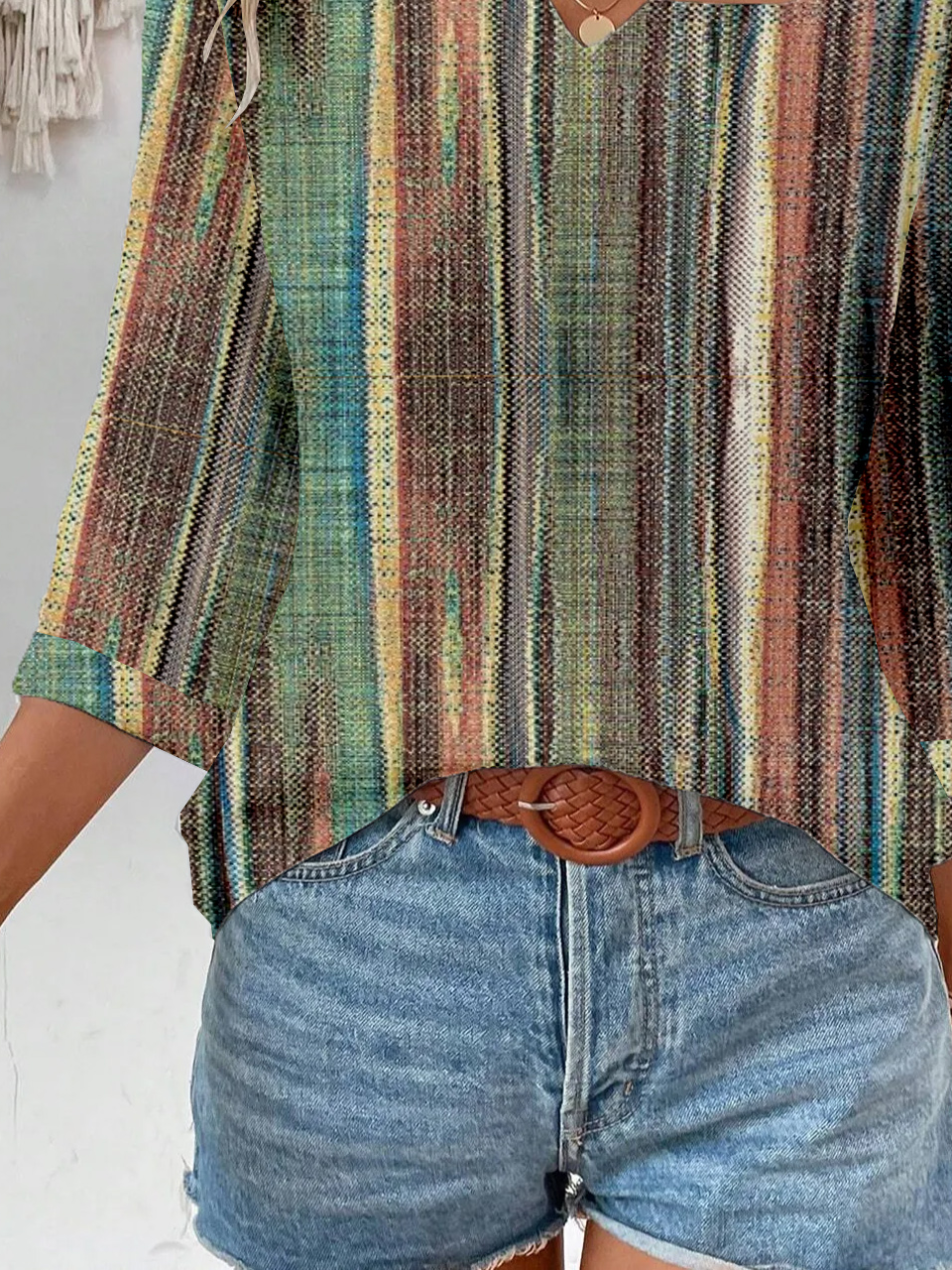 Notched Casual Abstract Stripes Loose Blouse