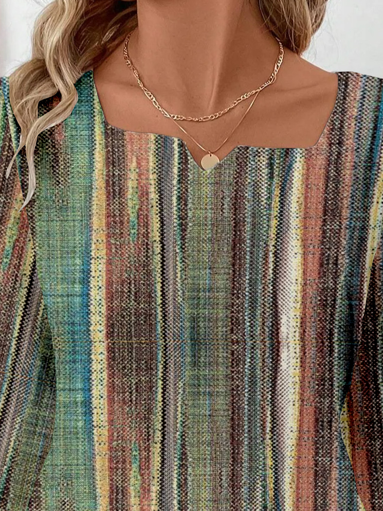 Notched Casual Abstract Stripes Loose Blouse