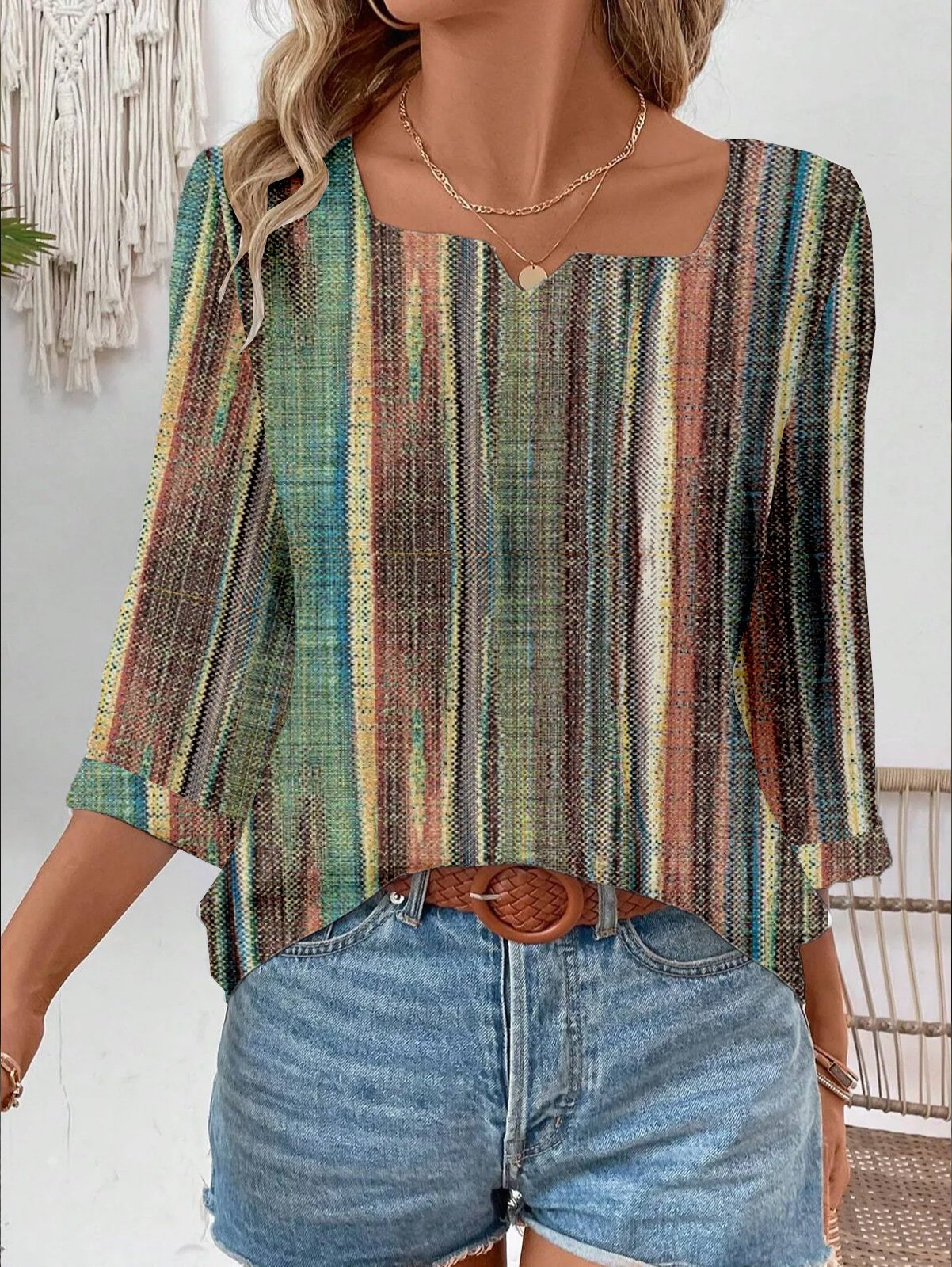 Notched Casual Abstract Stripes Loose Blouse