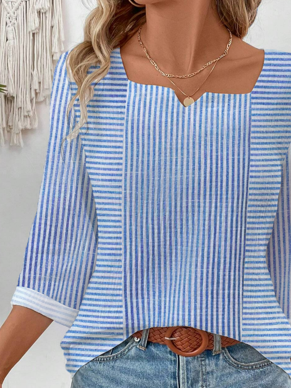 Notched Striped Casual Cotton T-Shirt