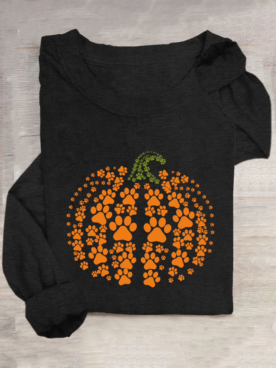 Paw Pumpkin Print Halloween Casual Long Sleeve Shirt