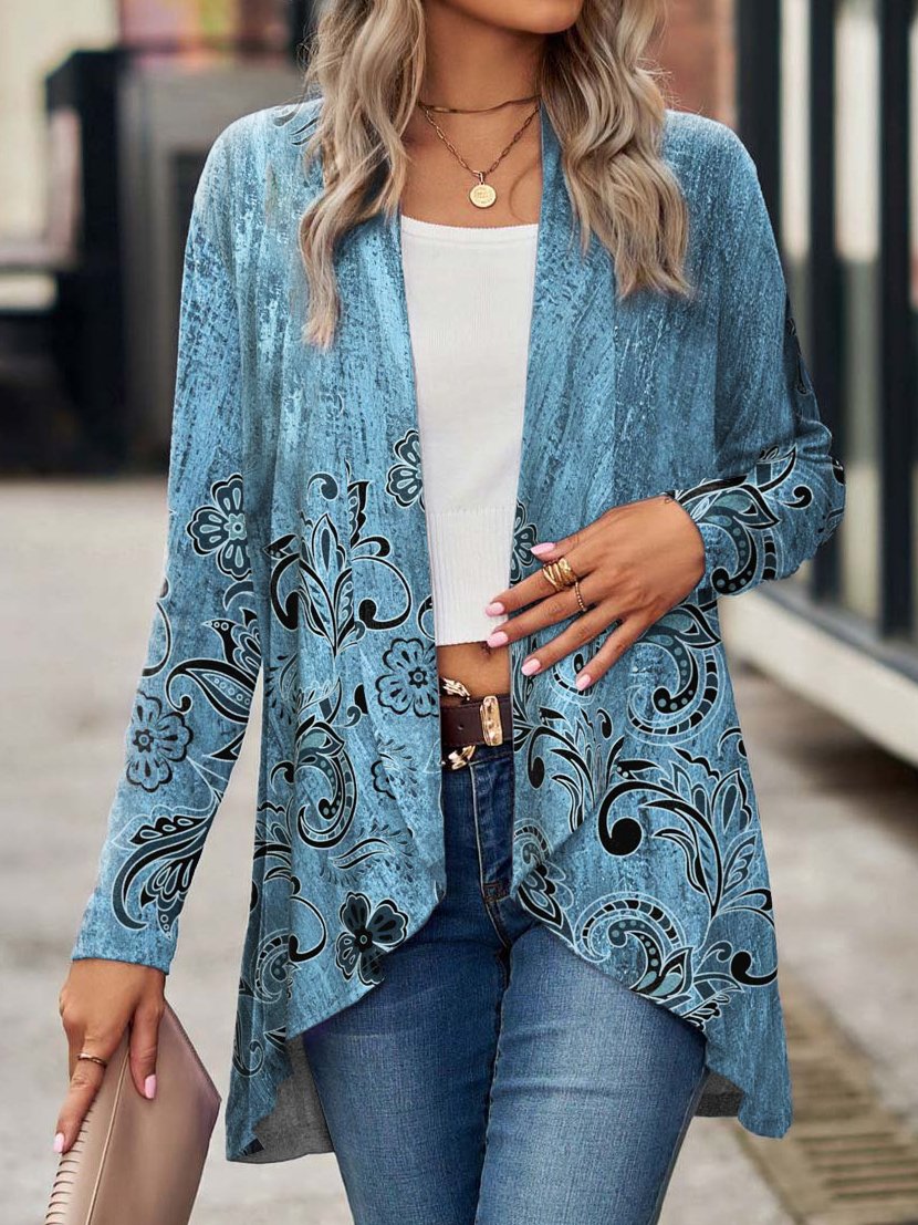 Blue Floral Design Casual Shawl Jacket