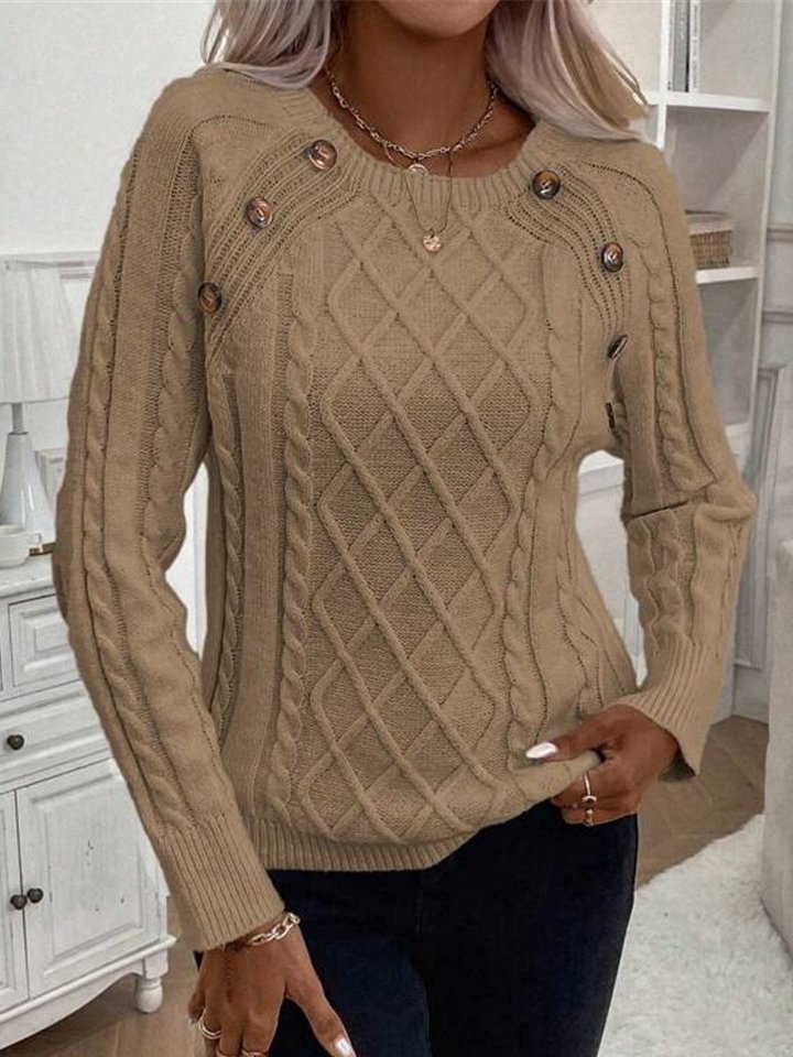 Buckle Crew Neck Casual Yarn/Wool Yarn Sweater