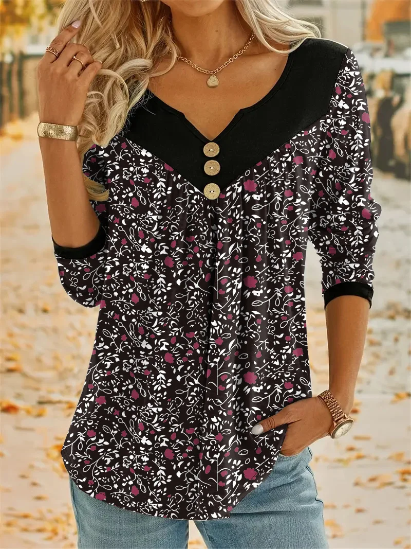 Notched Casual Floral Blouse