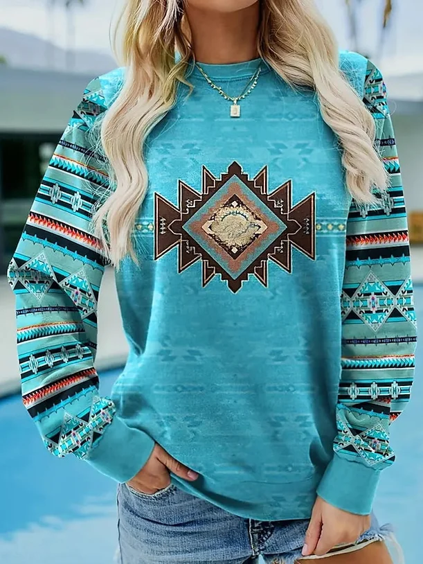 Casual Crew Neck Loose Nationality/Ethnic Sweatshirt