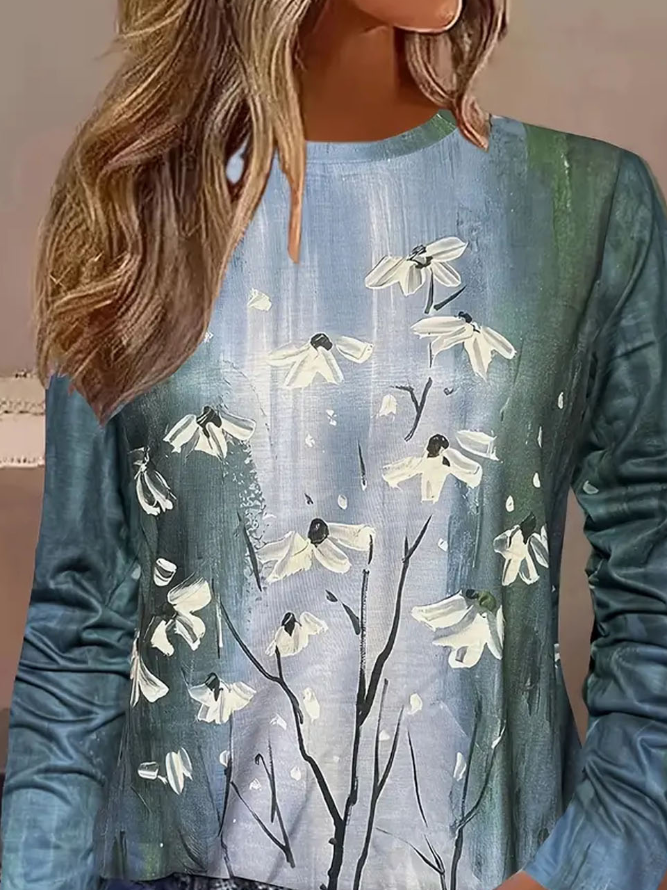 Floral print casual round neck long sleeved women's T-shirt