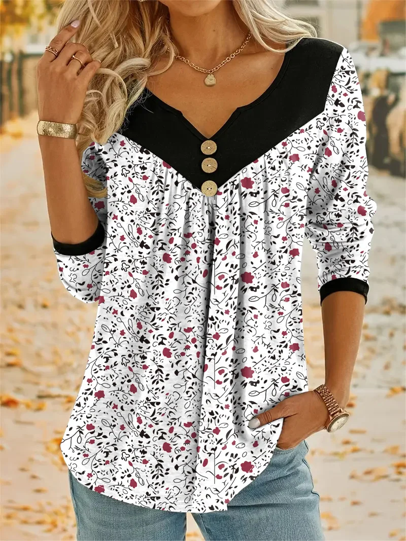 Notched Casual Floral Blouse