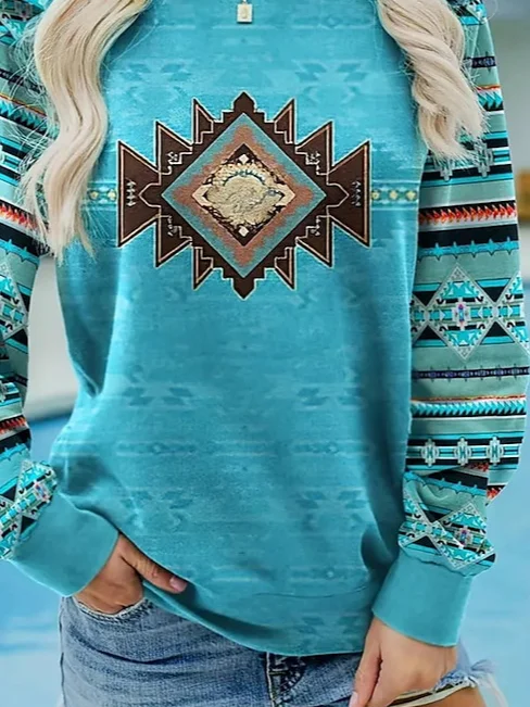 Casual Crew Neck Loose Nationality/Ethnic Sweatshirt