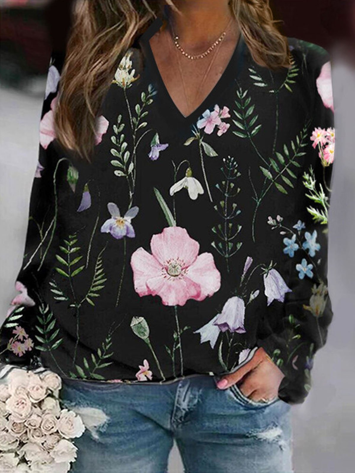 Floral Casual V-neck Sweatshirt