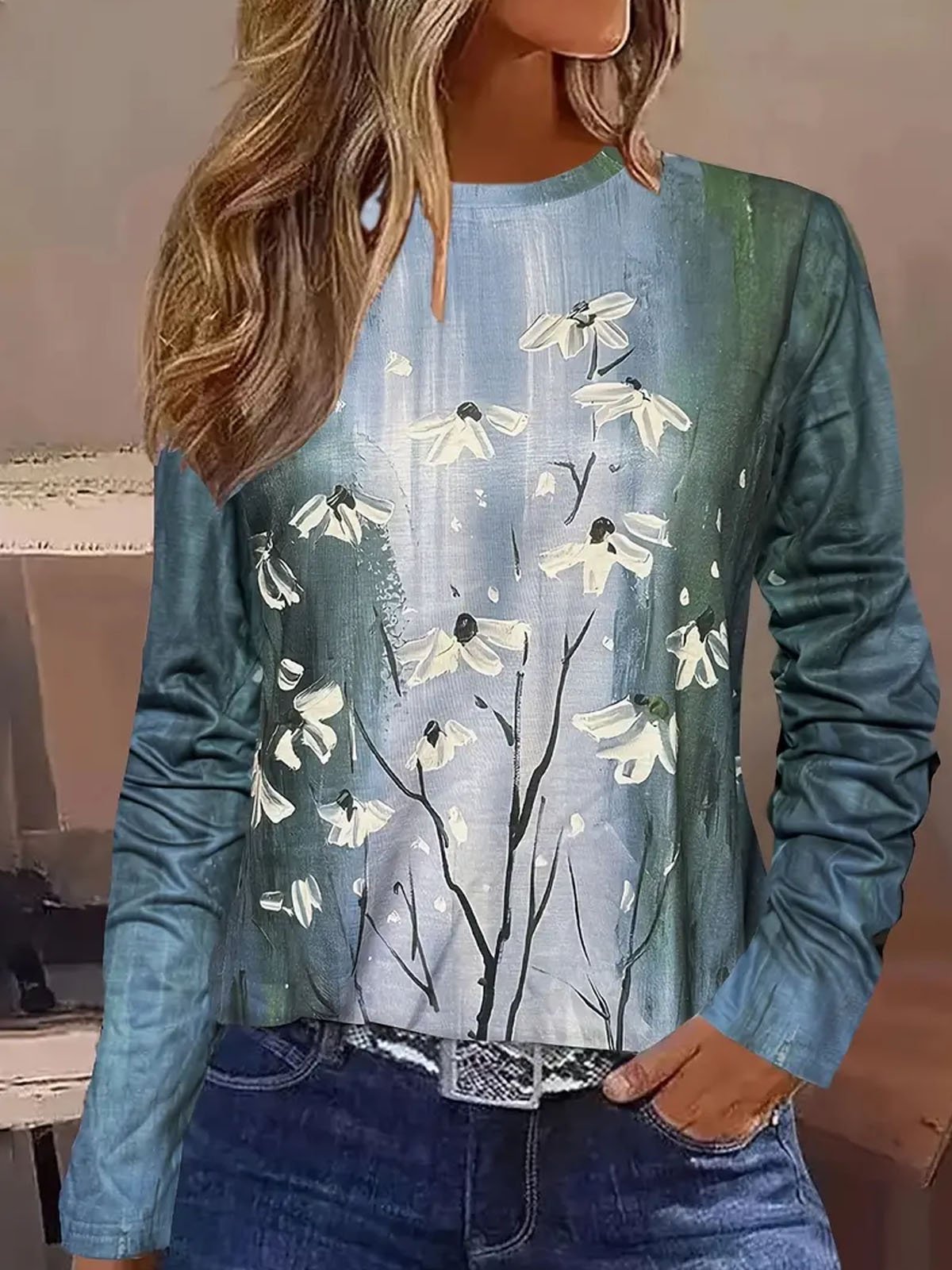 Floral print casual round neck long sleeved women's T-shirt