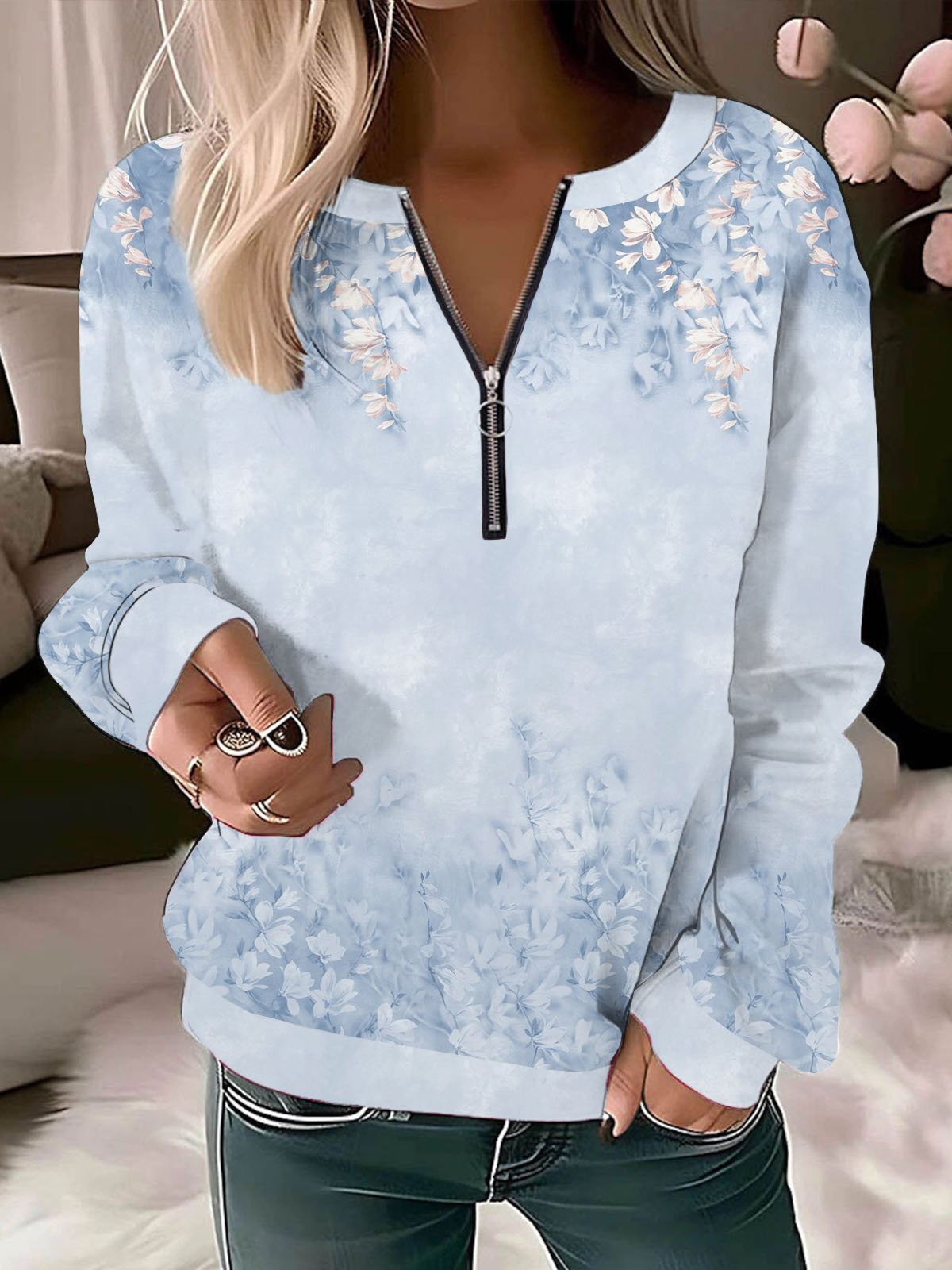 Floral print casual round neck zipper long sleeved women's pullover sweatshirt