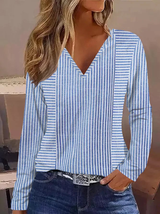 Striped Casual V Neck T-Shirt