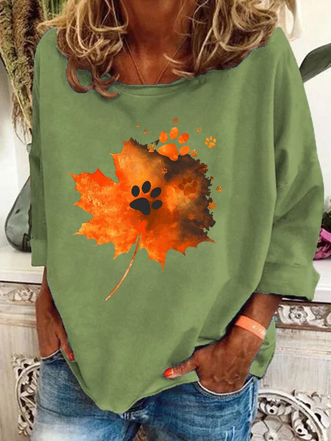 Maple Leaf Dog Paw Print Casual Sweatshirt