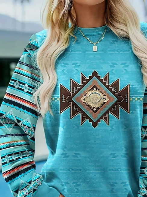 Casual Crew Neck Loose Nationality/Ethnic Sweatshirt