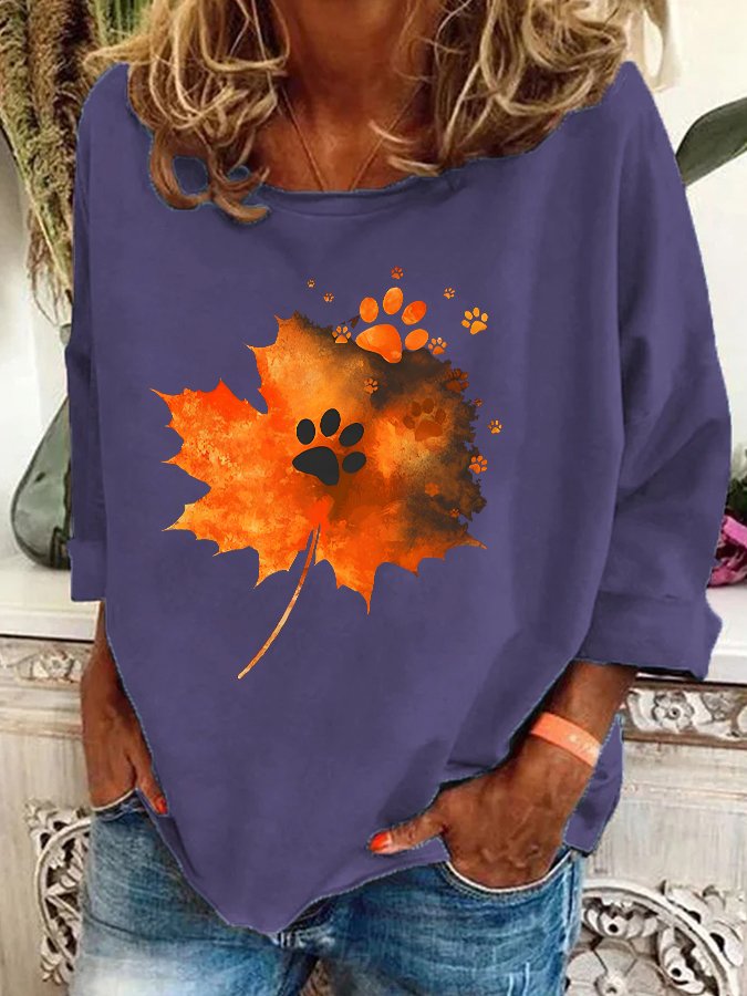 Maple Leaf Dog Paw Print Casual Sweatshirt