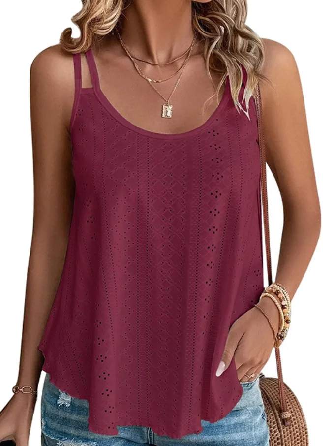 Plain Solid A-Line Tank Casual Eyelet Embroidery Cami