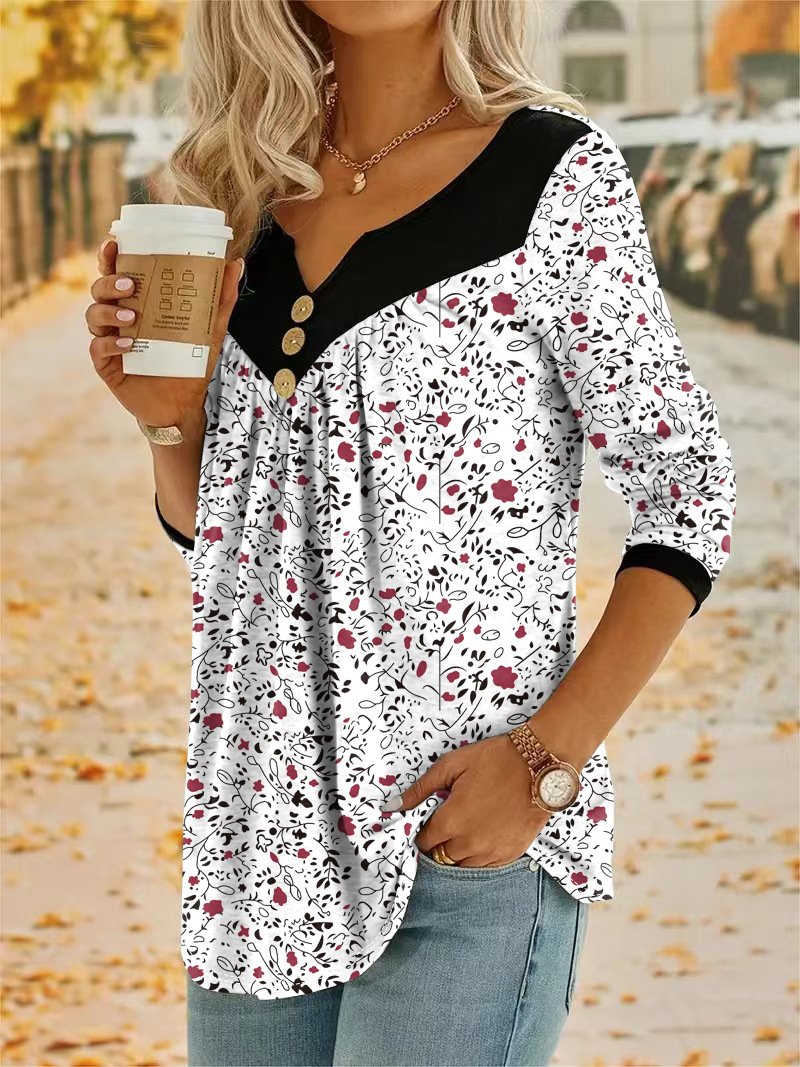 Notched Casual Floral Blouse