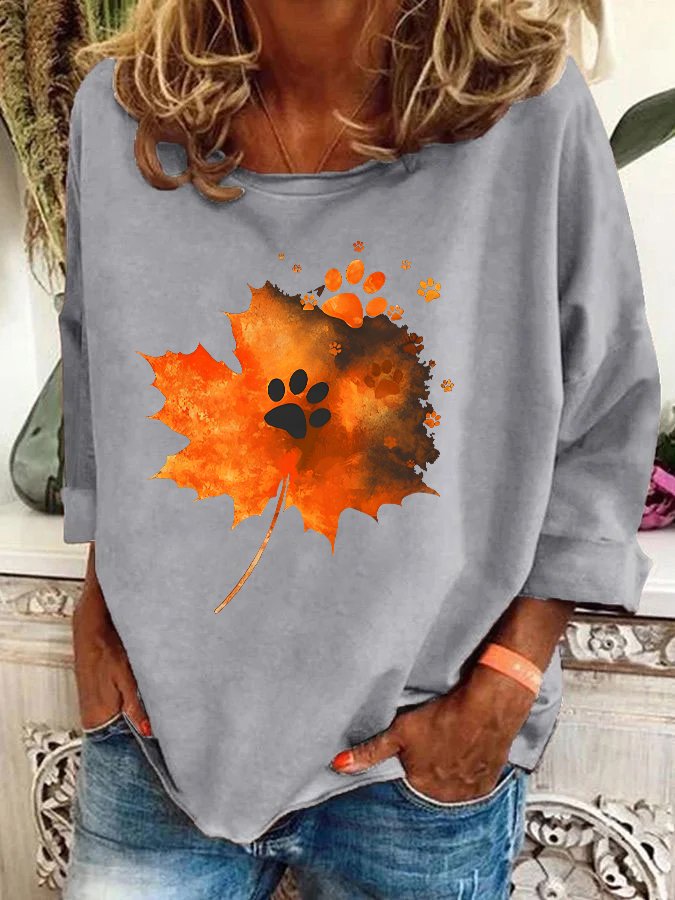 Maple Leaf Dog Paw Print Casual Sweatshirt